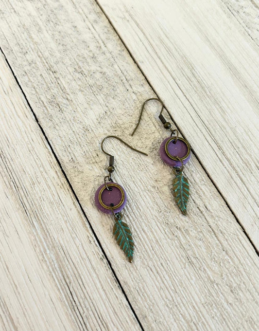 Hanging feather on purple dot earrings/ dandle earrings /polymer clay earrings/polymer clay jewelry/lightweight jewelry/inexpensive jewelry