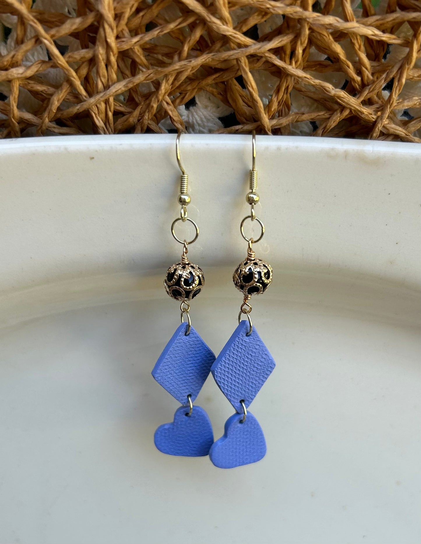 Periwinkle Hearts of Diamonds dangle earrings/polymer clay earrings/handmade earrings/polymer clay jewelry/lightweight jewelry