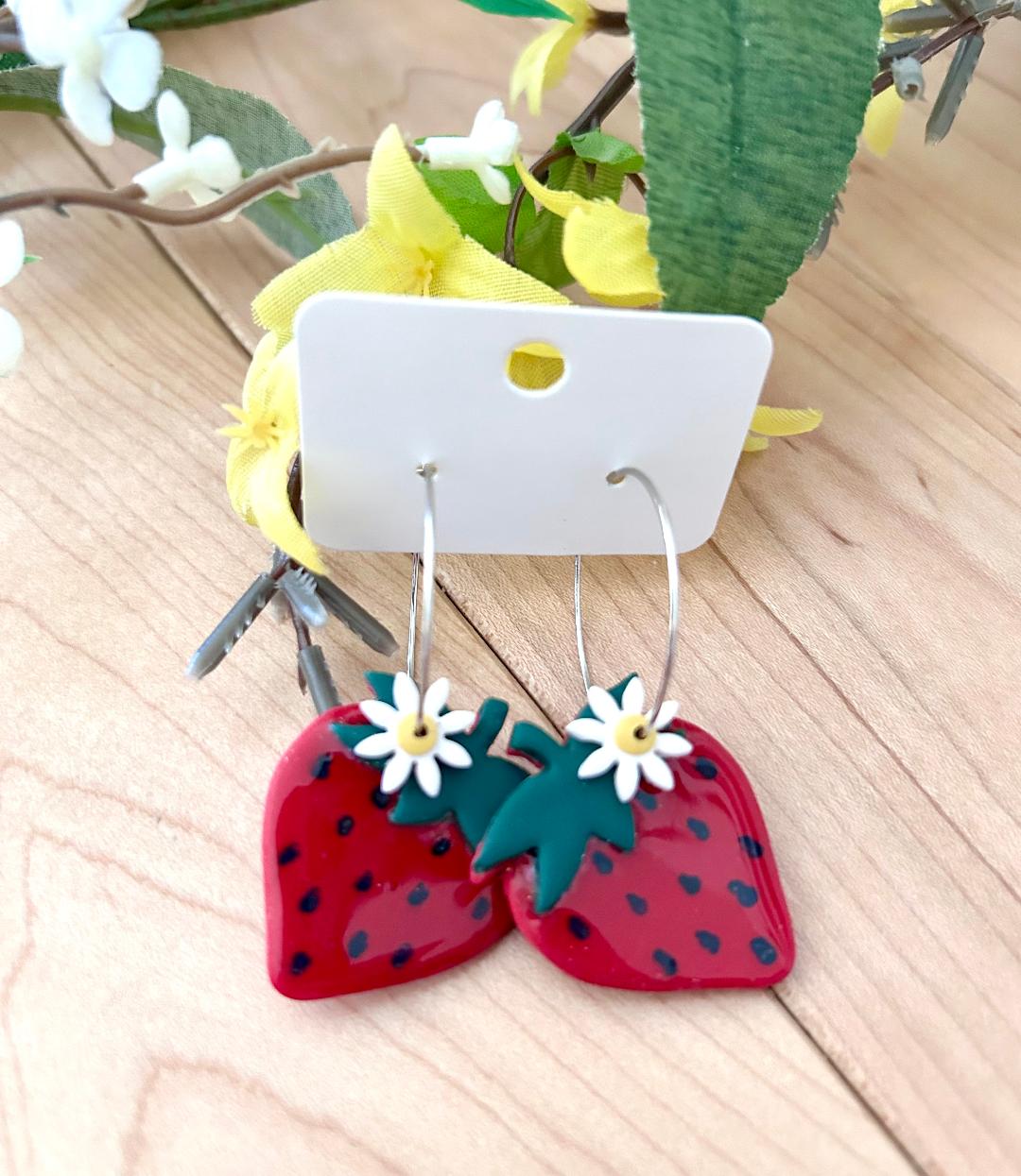 Strawberries on a hoop dangle earrings