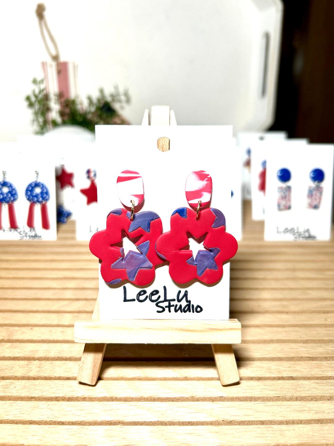 4th of July Denim star flower medium dangles