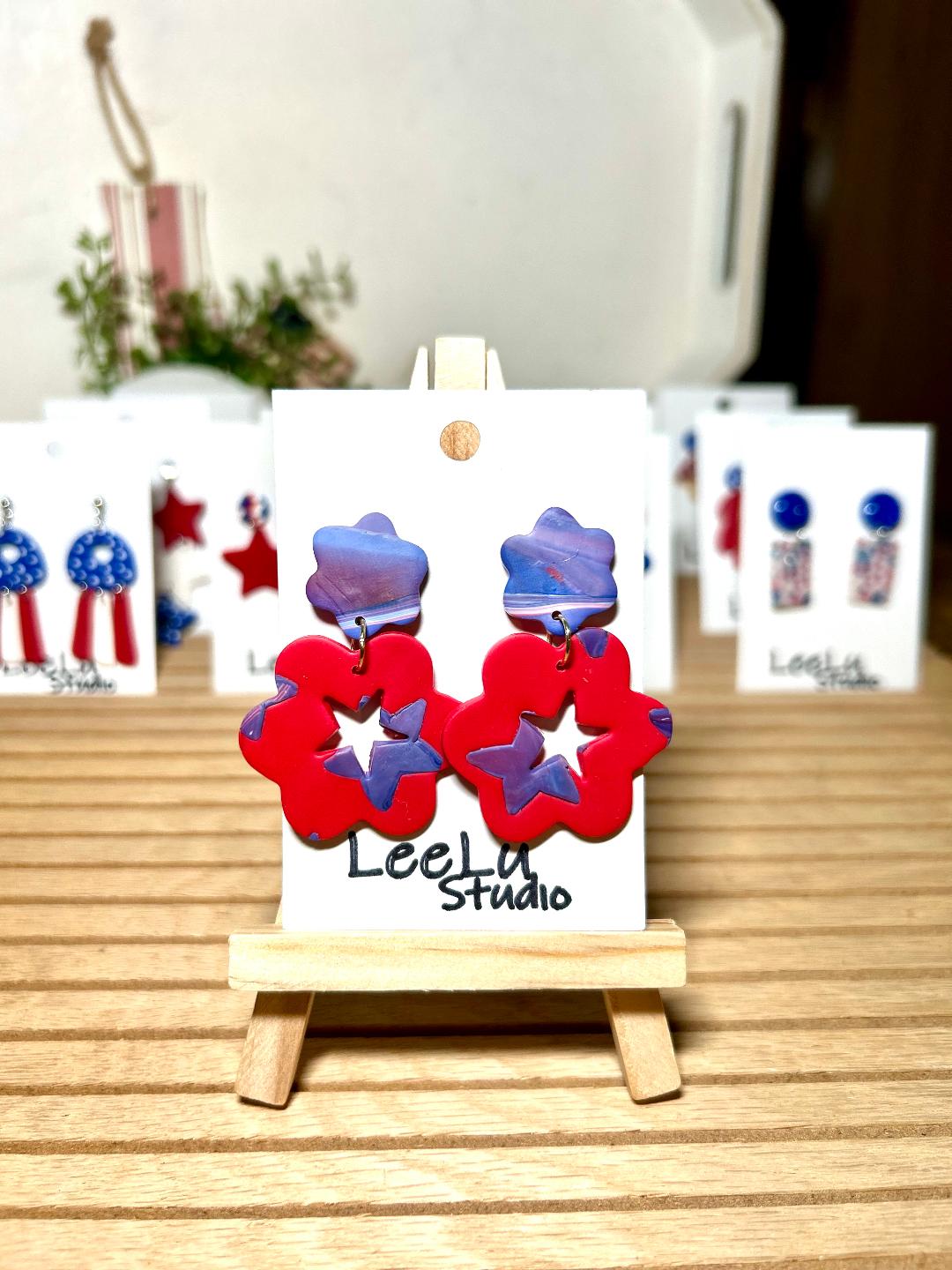 4th of July Denim star flower medium dangles