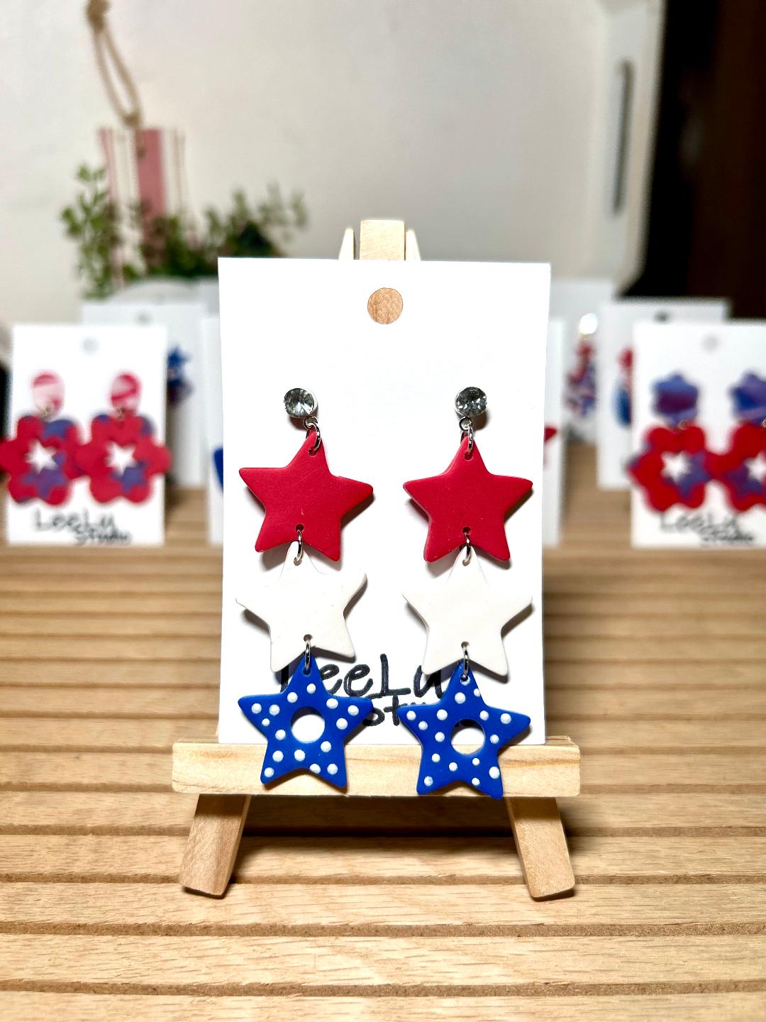 4th of July red, white and blue, triple drop chain star large dandle earrings