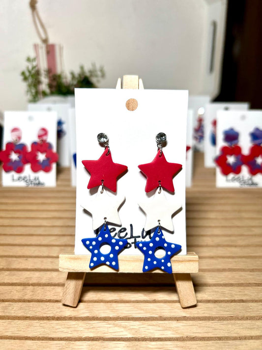 4th of July red, white and blue, triple drop chain star large dandle earrings