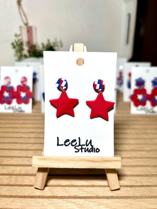 4th of July red star, drop small dangle earrings