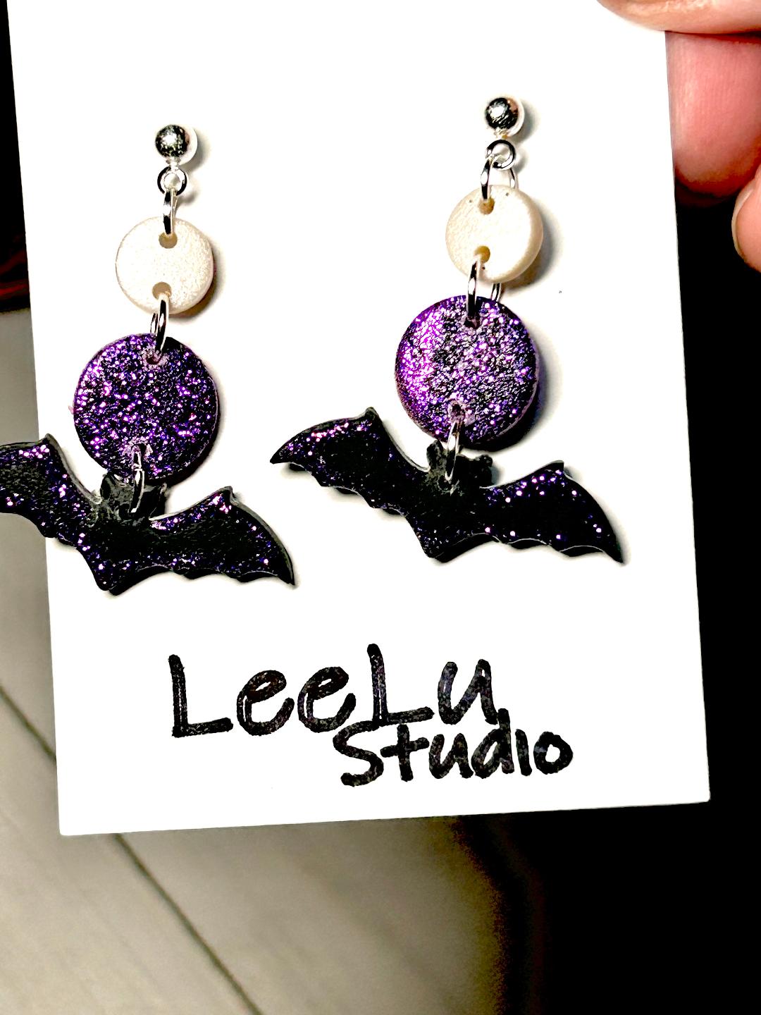 Purple Glitter Circle Bat Dangles