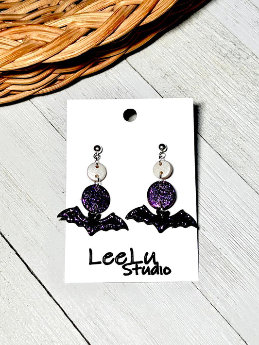 Purple Glitter Circle Bat Dangles