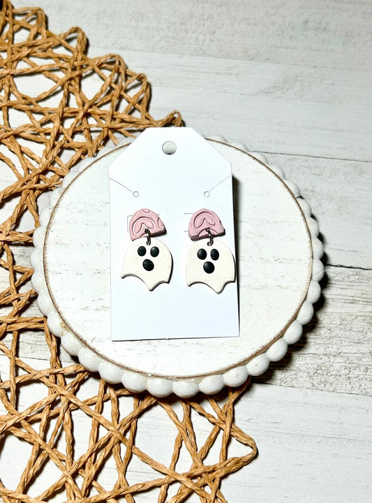 Small Halloween ghost pink and white earrings