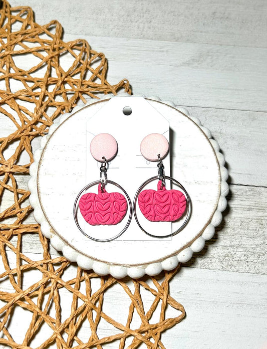 Hot pink textured pumpkin dangles on silver